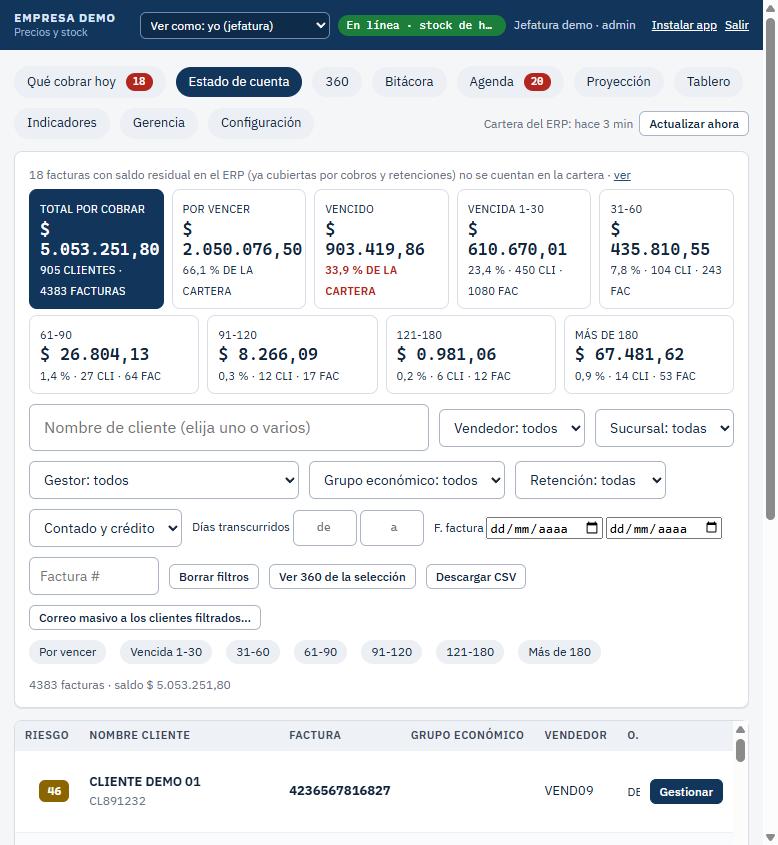 Estado de cuenta: cartera por tramo de vencimiento con filtros por vendedor, sucursal, gestor y grupo