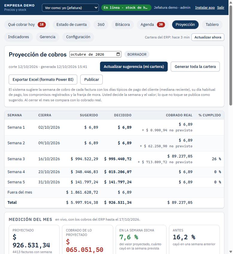 Proyección de cobros por semana, decidida por el asesor y comparada con lo cobrado real