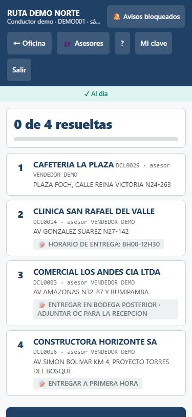 La ruta del día en el celular del conductor: paradas, direcciones y observaciones del cliente