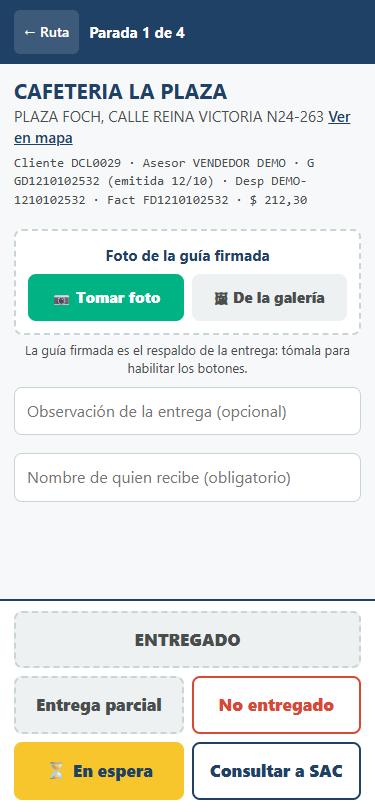 Registro de una entrega: foto de la guía firmada, quién recibe, entrega parcial, no entregado o consulta a SAC