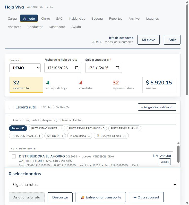 Armado de rutas en la oficina: bandeja de despachos que esperan ruta, alertas y asignación al camión