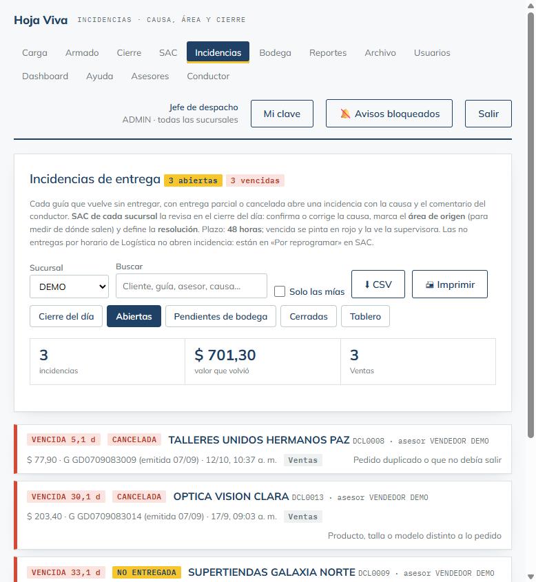 Incidencias de entrega: causa, área de origen, plazo de 48 horas y cierre por Servicio al Cliente