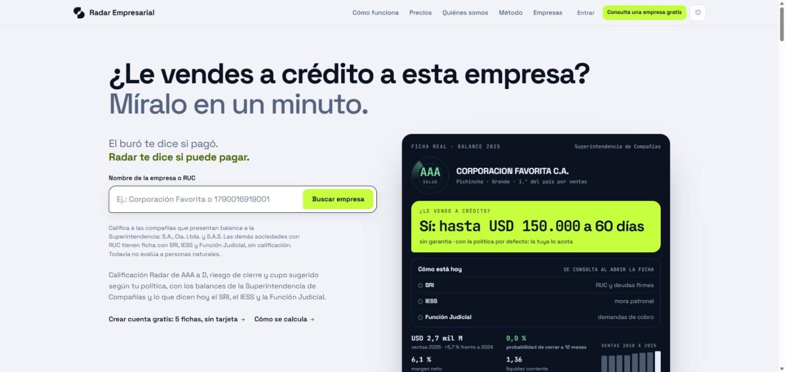 Portada de Radar: búsqueda y una ficha real con calificación, cupo sugerido y señales del día