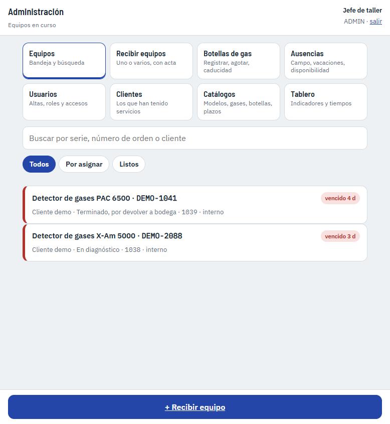 Bandeja del taller: cada equipo con su estado, orden, sucursal y plazo vencido en rojo