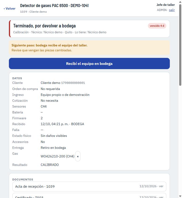 Expediente de un equipo: estado, técnico, datos del ingreso, resultado, documentos y custodia
